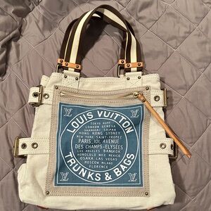 Louis Vuitton Beige Tote with Blue Pocket